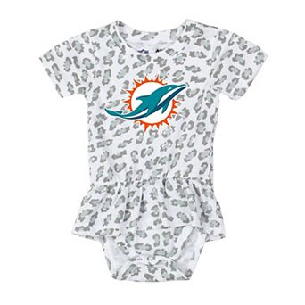 Girls Infant Wes & Willy White Miami Dolphins Leopard Print Ruffled Romper