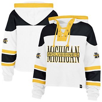 Women's '47 White Michigan Wolverines Cut Thru Cropped Superior Lacer Pullover Hoodie