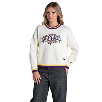 Women's The Wild Collective Cream Los Angeles Lakers Boxy Crew Jacquard Sweater