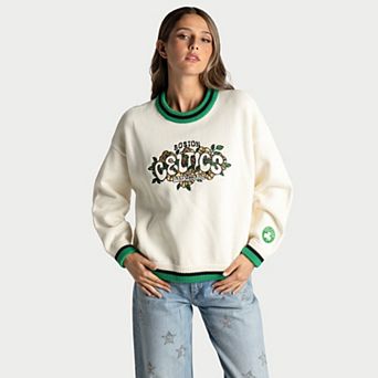 Women's The Wild Collective Cream Boston Celtics Boxy Crew Jacquard Sweater