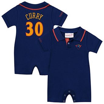 Infant Mitchell & Ness Stephen Curry Navy Golden State Warriors Retro Roots Player Rugby Romper