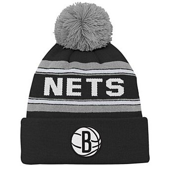 Youth Black Brooklyn Nets Backboard Jacquard Cuffed Knit Hat with Pom