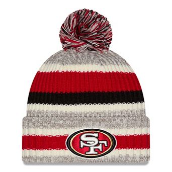 Girls Youth New Era Scarlet/Beige San Francisco 49ers Stripe Cuffed Knit Hat with Pom