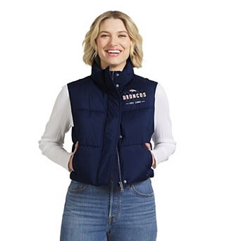 Women's WEAR by Erin Andrews Navy Denver Broncos Cropped Puffer Full-Zip Vest