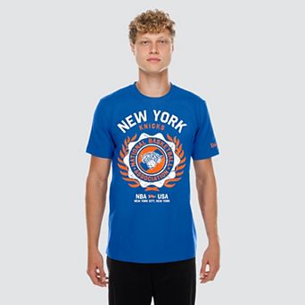 Men's New Era Blue New York Knicks Laurel Crest Flocking T-Shirt