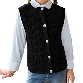 Girls' Chunky Cable-Knit Sweater Vest, Sleeveless Button-Front Girls Knit Vest with Pockets