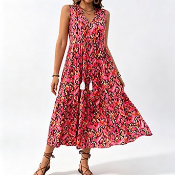Women's Bohemian Maxi Dress, Sleeveless V-Neck Loose Fit Summer Dress