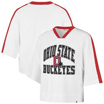 Women's '47 White Ohio State Buckeyes Big Overarch Drop Needle Raglan V-Neck T-Shirt