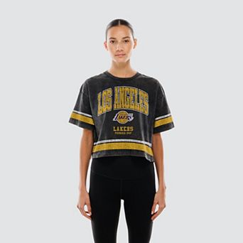 Women's New Era Black Los Angeles Lakers Cropped Boxy Mineral Wash T-Shirt