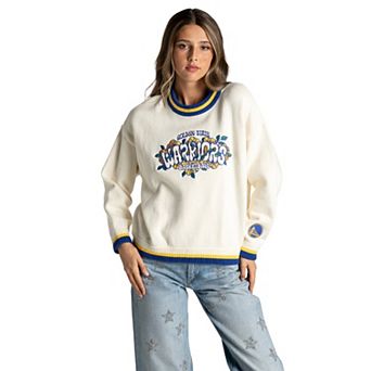 Women's The Wild Collective Cream Golden State Warriors Boxy Crew Jacquard Sweater