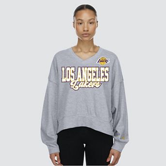 Women's New Era Gray Los Angeles Lakers Oversized Cropped V-Neck Fleece Sweatshirt