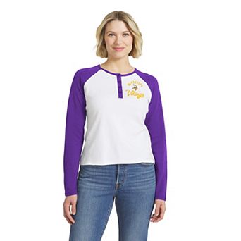 Women's WEAR by Erin Andrews White/Purple Minnesota Vikings Henley Long Sleeve Raglan T-Shirt