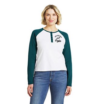 Women's WEAR by Erin Andrews White/Midnight Green Philadelphia Eagles Henley Long Sleeve Raglan T-Shirt