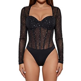 Women Rhinestone Mesh Long Sleeve Bodysuit Sweetheart Neck Underwire Corset Party Going Top Jumpsuit