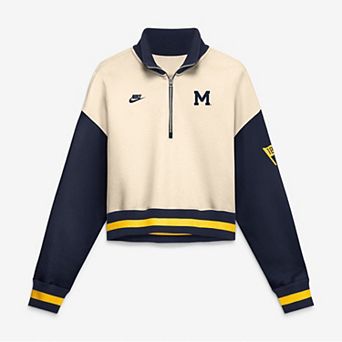 Women's Nike Natural/Navy Michigan Wolverines Oversized Legacy Color Block Cropped Quarter-Zip Pullover
