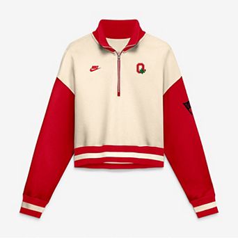 Women's Nike Natural/Scarlet Ohio State Buckeyes Oversized Legacy Color Block Cropped Quarter-Zip Pullover