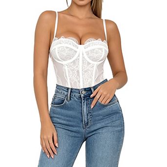 Women Lace Corset Cami Bodysuit Underwire Sheer Mesh Spaghetti Strap Layering Top Summer Jumpsuit