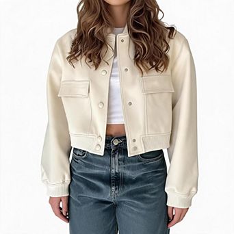 Women Cropped Bomber Jacket Stand Collar Button Front Long Sleeve Pocket Outerwear Coat