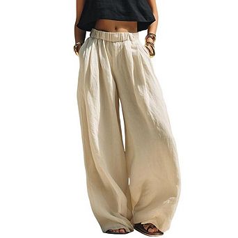 Women’s Casual Linen Wide Leg Pants, Elastic Waist