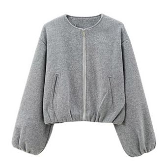 Women Cropped Knit Jacket Zip‑Up Long Lantern Sleeve Casual Sweater Outerwear