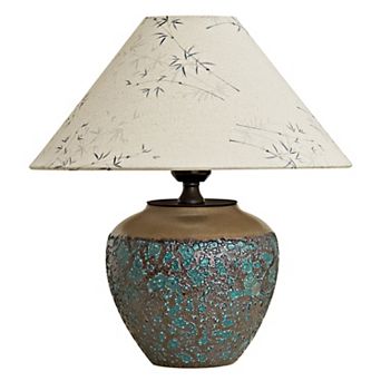 Lanmate Vintage Brown Ceramic Table Lamp With Bamboo Printed Linen Shade