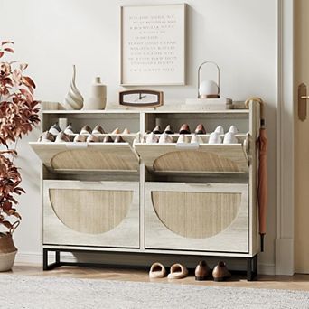Vabches Rattan Shoe Storage Cabinet with 4 Flip Drawers, Slim Entryway Organizer