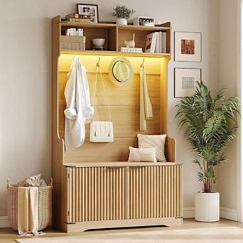 Vabches Hall Tree with Shoe Storage Bench, Coat Rack, Shoe Cabinet & LED Light, Oak