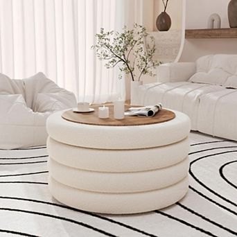 30" Round Storage Ottoman Table with Tray, Sherpa Multi-Functional Foot Rest for Couch Living Room