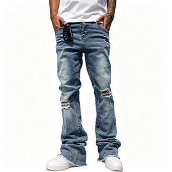 Men’s Flare‑Leg Distressed Denim Jeans, Frayed‑Hem Ripped Bootcut Fashion Pants
