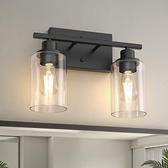13 in 2-Light Industrial Matte Black Farmhouse Vanity Light with Glass Shades