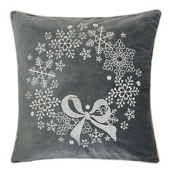 Velvet Holiday Throw Pillow 20x20 - Snowflake Wreath Embroidery, Set of 2 with Insert, Gray