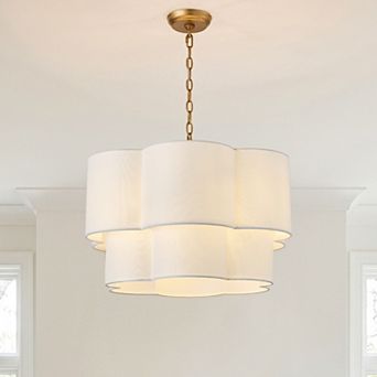 23 Inch Modern Fabric 2 tier Scalloped Chandelier 6 Light Pendant Fixture with Adjustable Chain