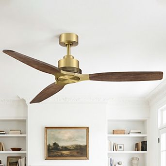 56" Mid-Century Modern Gold 3 Solid Wood Blades Ceiling Fan with Remote, No light