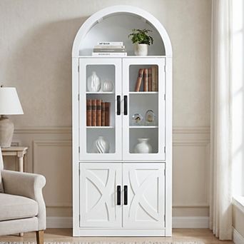 69.7 Inch Modern White Wood Arched Display Cabinet with 4 Doors and 3 Adjustable Shelves
