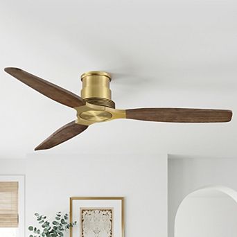 56" Mid Century Modern Gold Solid Wood Flush Mount Lightweight Ceiling Fan with Remote, No light
