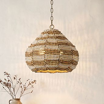 15.7" Boho Wood Beaded 2-Light Adjustable Pendant Light for Dining Room and Kitchen Island