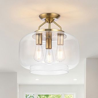 15 Inch Modern Clear Glass 3 Light Semi Flush Mount Ceiling Light for Hallway, Kitchen, Bedroom