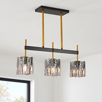 24 Inch Modern Smokey Grey Ribbed Glass 3 Light Linear Chandelier Fixture for Kitchen Island