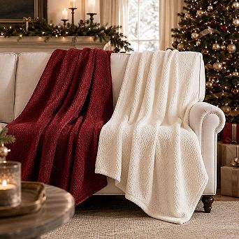 Kate Aurora 2 Pack Burgundy Ivory Christmas Coordinated Herringbone Accent Throw Blankets