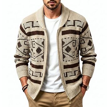 ATTRACO Men Geometric Pattern Zip Up Cardigan Shawl Collar Long Sleeve Knit Sweater Jacket