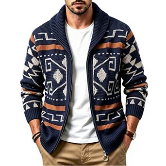 ATTRACO Men Geometric Pattern Zip Up Cardigan Shawl Collar Long Sleeve Knit Sweater Jacket