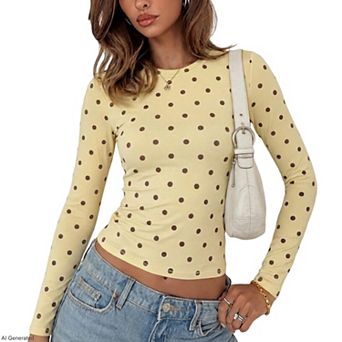 Attraco Women's Polka Dot Long Sleeve Crop Top Crew Neck Fitted Casual Tee