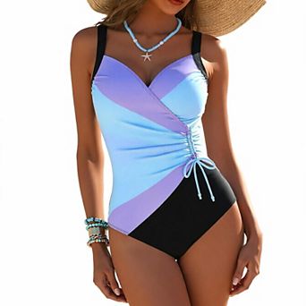 Hind Women's Colorblock Swimsuit with Ruched Drawstring, Blue Purple and Black