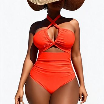 Hind Women's Halter Cutout Swimsuit with Ruched Bust, Bright Orange