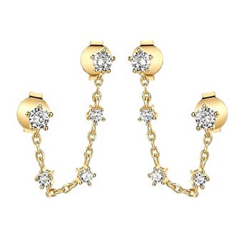 14K Gold Plated Cubic Zirconia Double Piercing Chain Link Earrings Gift for Her