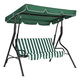 3 Seat Outdoor Porch Swing with Stand Adjustable Canopy Waterproof Cushions Steel Frame