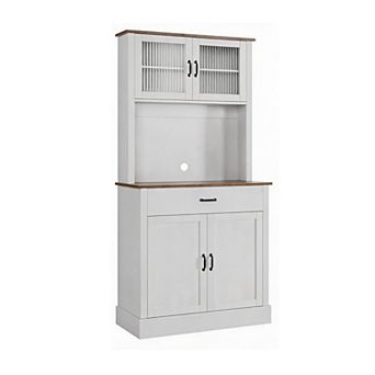 Kitchen Pantry Cabinet with Microwave Stand - 4 Doors, Adjustable Shelves, 71" H