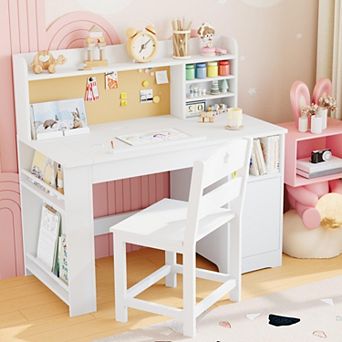Kids Study Desk & Chair Set with Storage, Kids Study Desk with Hutch and Tiltable Desktop