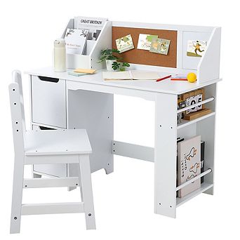 Kids Study Desk and Chair Set with Storage Cabinets, Corkboard, Hutch, and Side Open Shelves