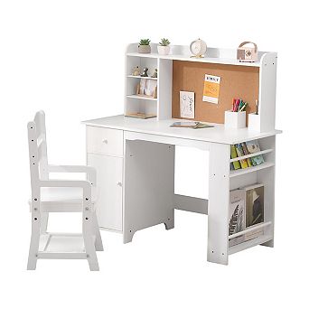 Kids Desk and Chair Set,Wooden Study Table with Storage Shelves,Cork Bulletin Board